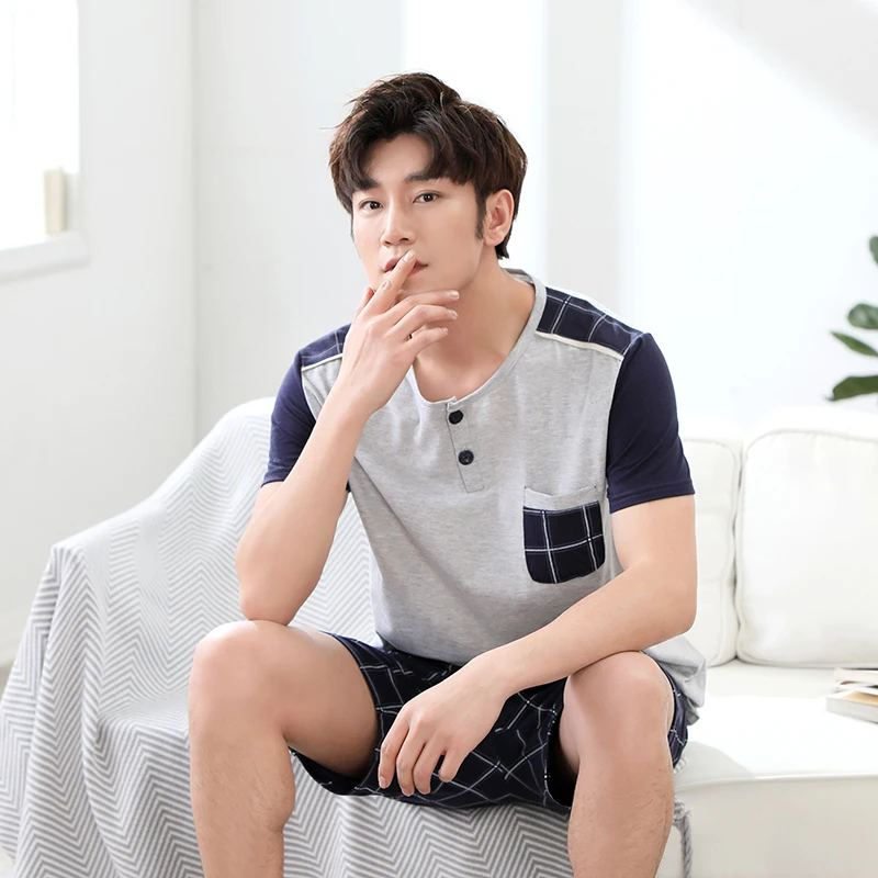 

Summer Knitted Cotton Men's Pajama Set Pijama Hombre Short Sleeve Round Neck Casual Thin Soft Plus Size Male Sleepwear Nightwear