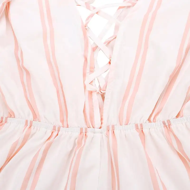 Для женщин Лето 2019 розовые Пикантные мини-комбинезоны в полоску выдалбливают бинты спинки с длинным рукавом Повседневное элегантный