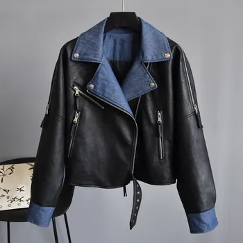 

Motorcycle Leather Jacket Moto Biker Women Streetwear Autumn Zipper Rivet Denim Patchwork Soft PuJacket Short Outerwear