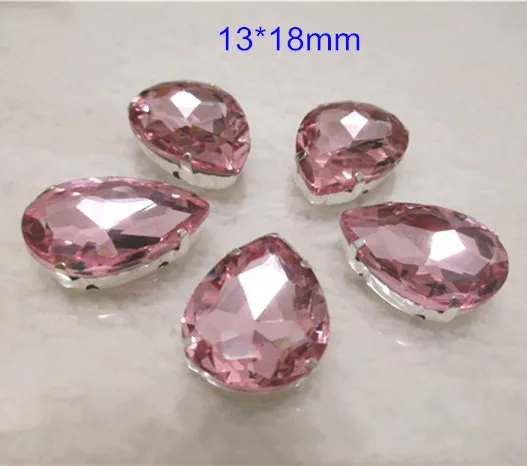 

25pcs - 13*18mm Teardrop Sew on Bead Pink Glass Faceted Silver Setting Flat Back Bead Sewing Jewelry Decoration Sparkling