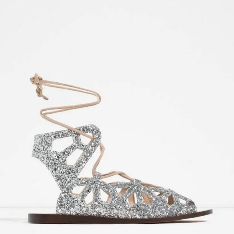 

Latest Roman Sandals Silver Sequins Cut-outc Ankle Lace-up Flat Sandals Shoes Women Casual Shoes