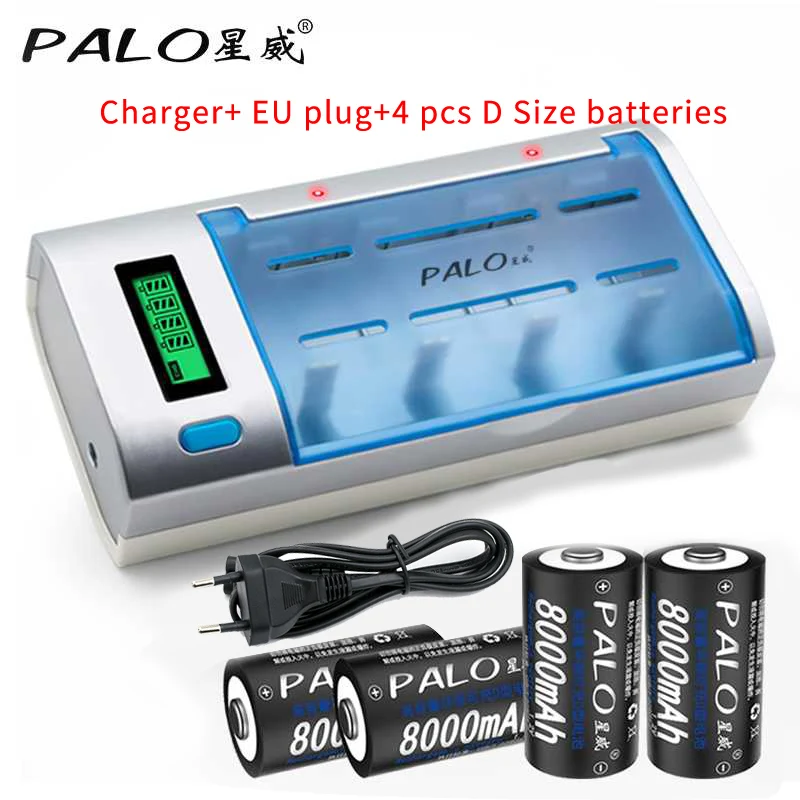 4 шт. 8000 мАч 1,2 в D Размер аккумуляторные батареи для вспышки светильник газовая плита радио холодильник+ зарядное устройство для aa/aaa/c/d/9 в тесто - Цвет: battery charger EU