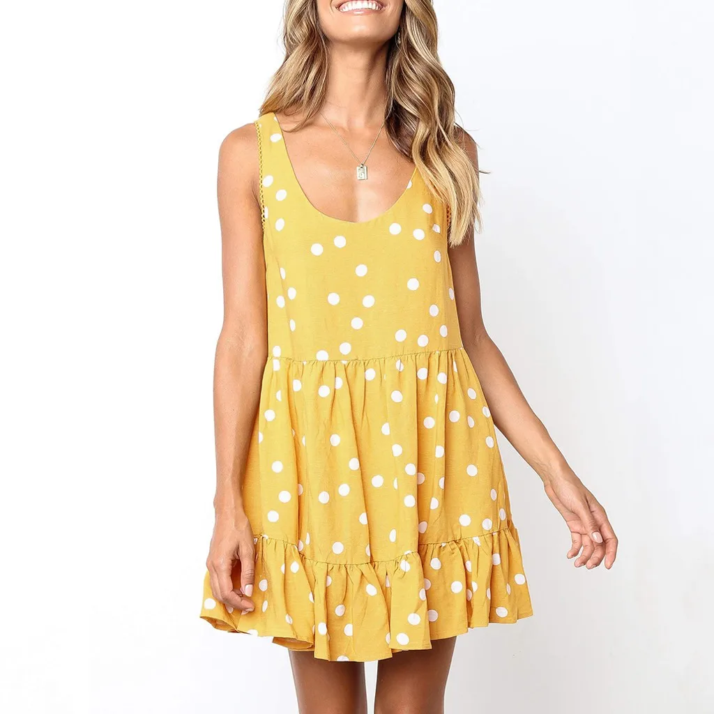 

Fashion Casual Women's Summer Dress Loose Dot Printed Sleeveless Round Neck Mini Vestidos Lovely Cool Wrinkle Resistance OY41*