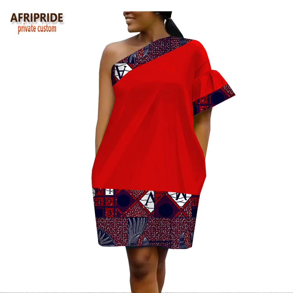 

2019 summer african ankara dresses for women AFRIPRIDE one shoulder flare sleeve above-knee length casual women dress A1825059