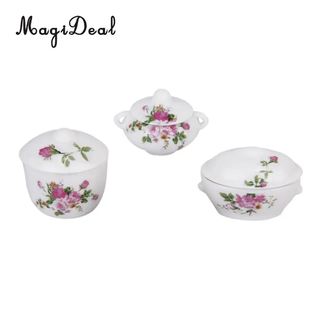 MagiDeal 3Pcs Doll House Kitchen Miniature Casserole Pot Bowl Lid with Floral Pattern for Interior Room Model Kids Role Play