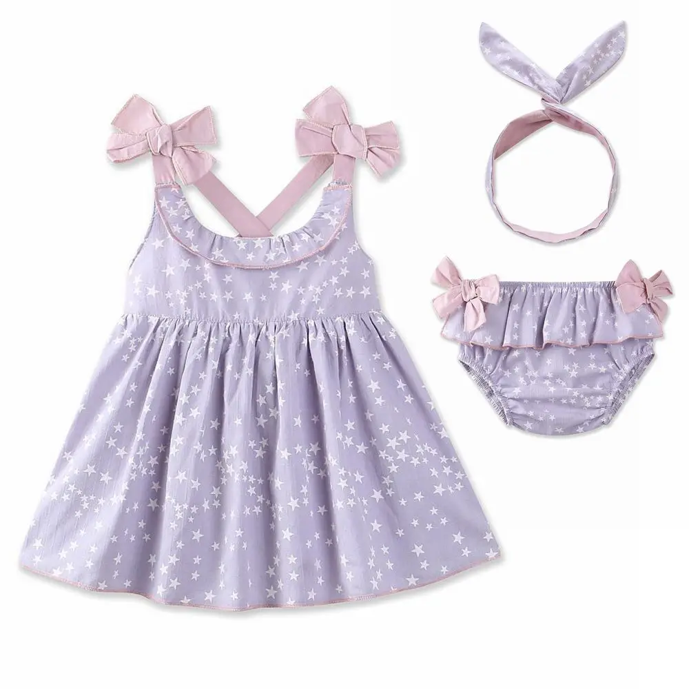 

2018 Girls Party Dress Backless Cotton Dress Holiday Sundress+Headband +underwear Children Clothing