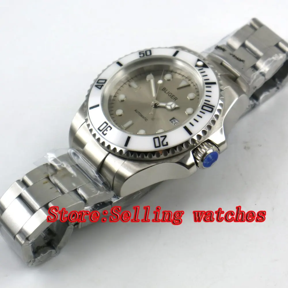 44 мм bliger серый циферблат белый Керамика рамка сапфировое стекло окошко даты автоматическое перемещение Для мужчин t Для Мужчин's Механические часы