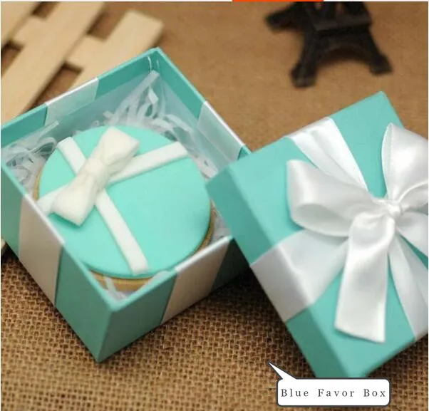 

Free shipping square Aqua wedding favor gift boxes with white ribbon , 40pcs/lot , BLS1