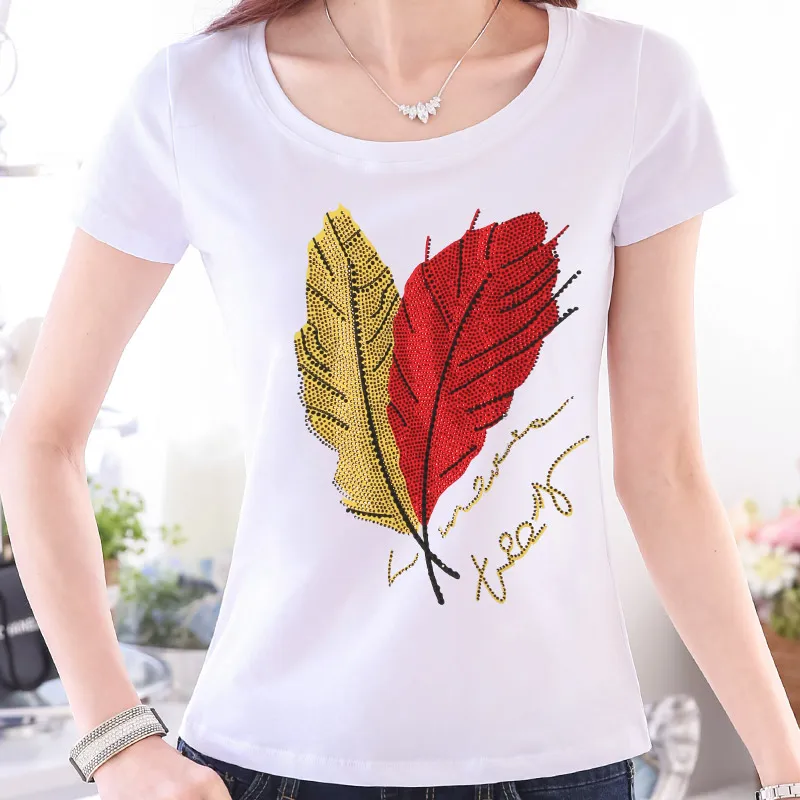 Female gold diamond bead t shirt Fashion Print Rhinestone tshirt Cotton