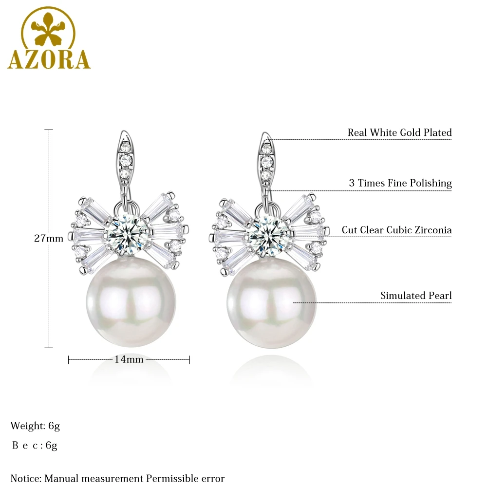 AZORA Light Ivory Pearl Drop Vintage Bridal Bowknot Earrings with White Gold Color Round Cut Clear Cubic Zirconia TE0336