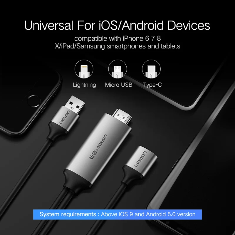 Ugreen HDMI кабель для iPhone 8X7 6s Plus iPad tv Android телефоны к HDMI адаптер Full HD 1080 P USB HDMI конвертер Кабель HDMI