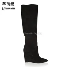 Qianruiti/Новинка года; Осенняя обувь на танкетке; женская обувь; botas mujer; цвет черный, серый; Замшевые женские высокие ботинки; сапоги до колена на танкетке с острым носком