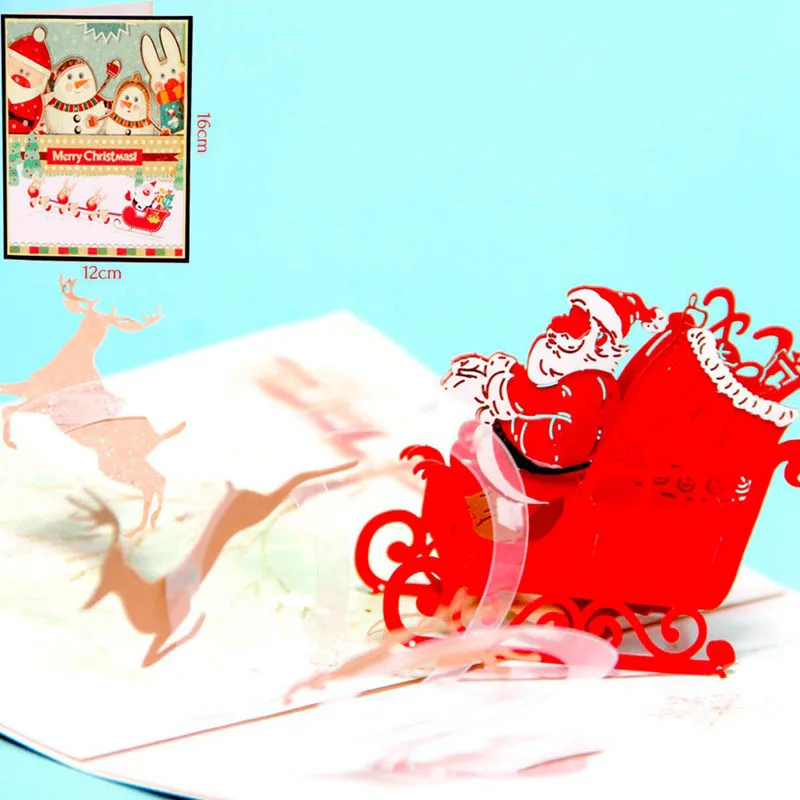  3D Laser Cut Colorful Cover Christmas New Year Sled Deer Santa Claus Paper Invitation Greeting Card - 32800588169