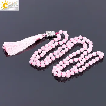 

CSJA Bohemian Natural Stone Pink Crystal Quartz Boho 108 Mala Necklaces for Women Energy Reiki Buddha Charm Tassel Necklace F178