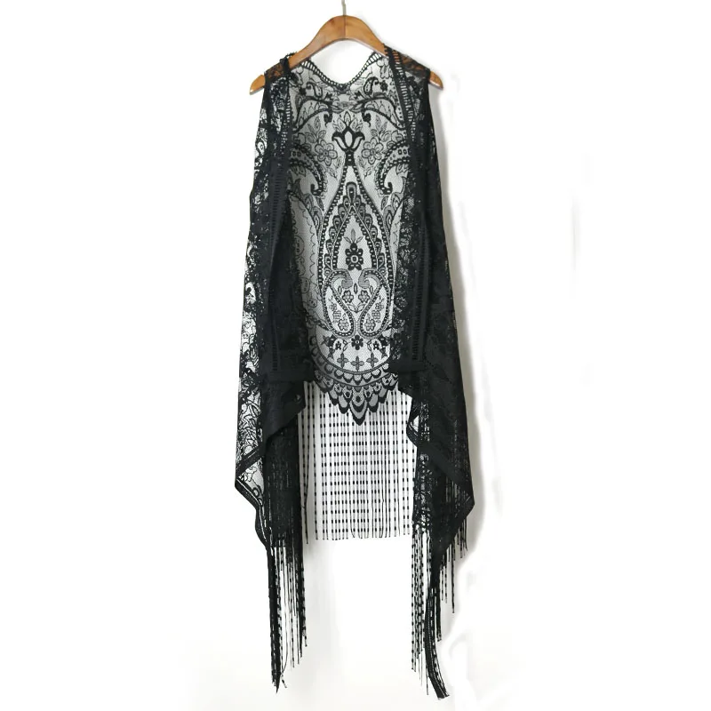

Crochet Lace Harajuku Holiday Blouses Lace Crochet Boho Tops Women Sleeveless Tassles Hollow Out Blouse Beach Kimono Cardigan