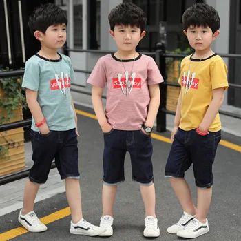 

Boy Clothing Set 2019 Summer Kids Clothes Boys Toddler Children Boutique Outfits Striped T-shirt + Denim Shorts 4 to 13 Years