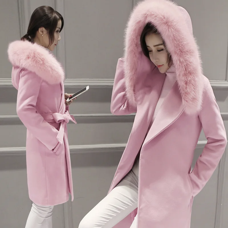 Winter woman in red long section of pink wool coat fur collar Slim large size high