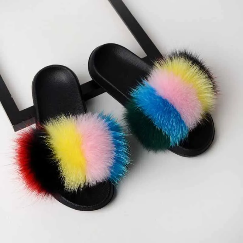 

Summer Women Fox Fur Slippers Real Fox hair Slides Female Furry Indoor Flip Flops Casual Beach Sandals Fluffy Plush Shoes
