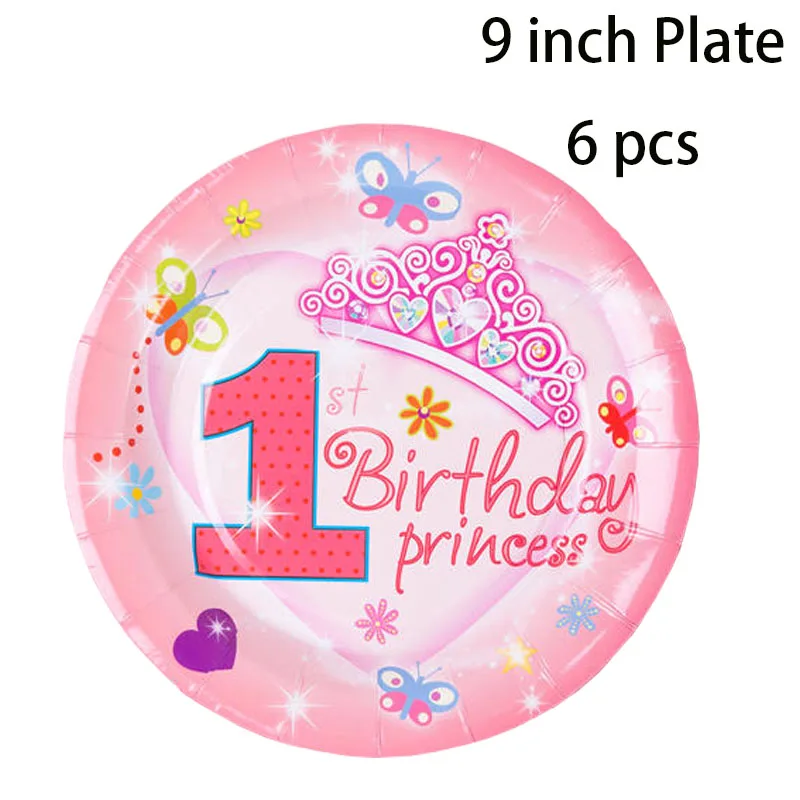 Pink Kids 1st Birthday Party Decorations Paper Plate Napkins Cup Flag Party Supplies Disposable Tableware Set Baby Shower Favor - Цвет: 9 inch plate 6 Pcs