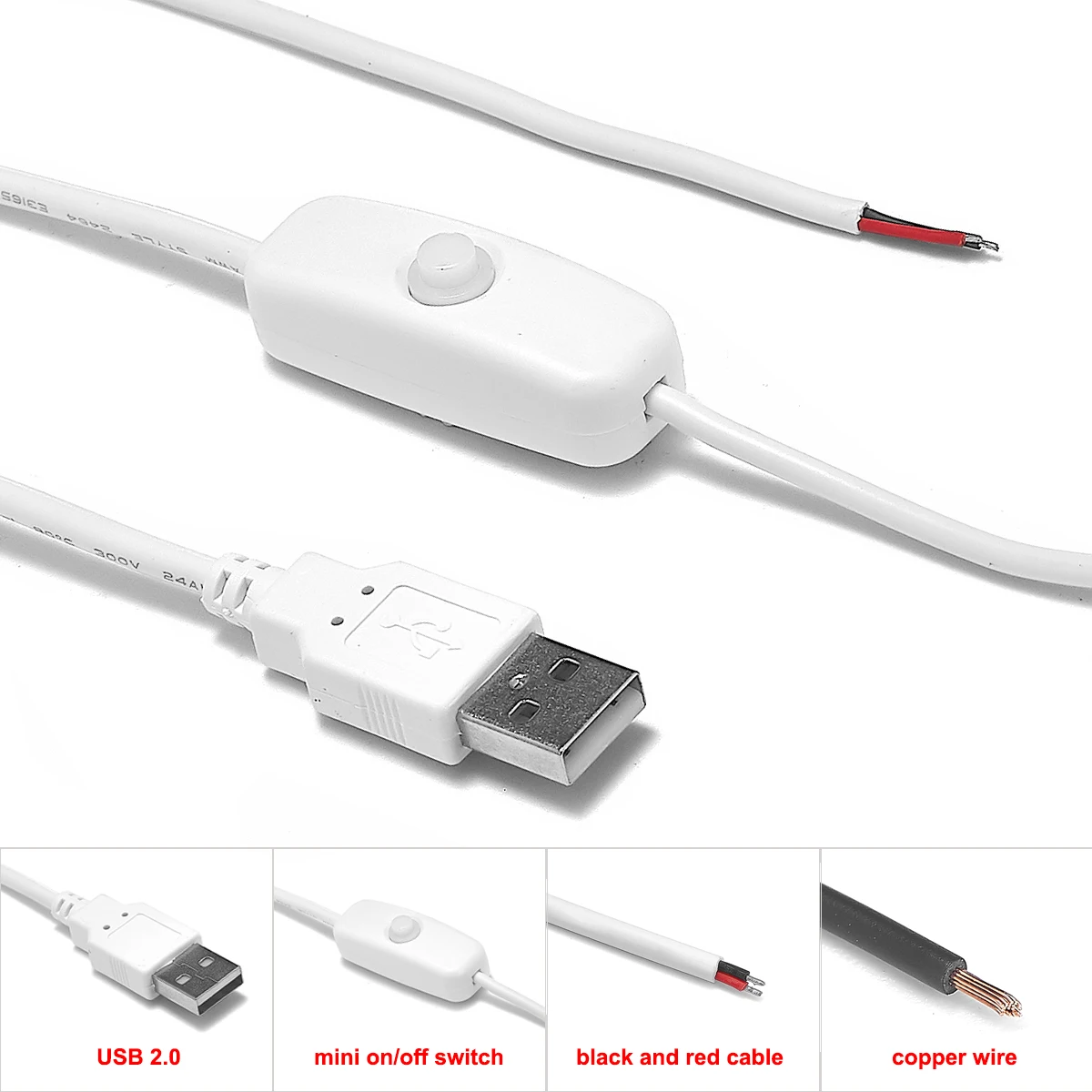 1 м 1,5 м 2 м 2-Контактный USB разъем Медные провода с переключателем вкл/выкл DIY USB разъем удлинитель Кабель для настольной лампы 5050 Светодиодная лента