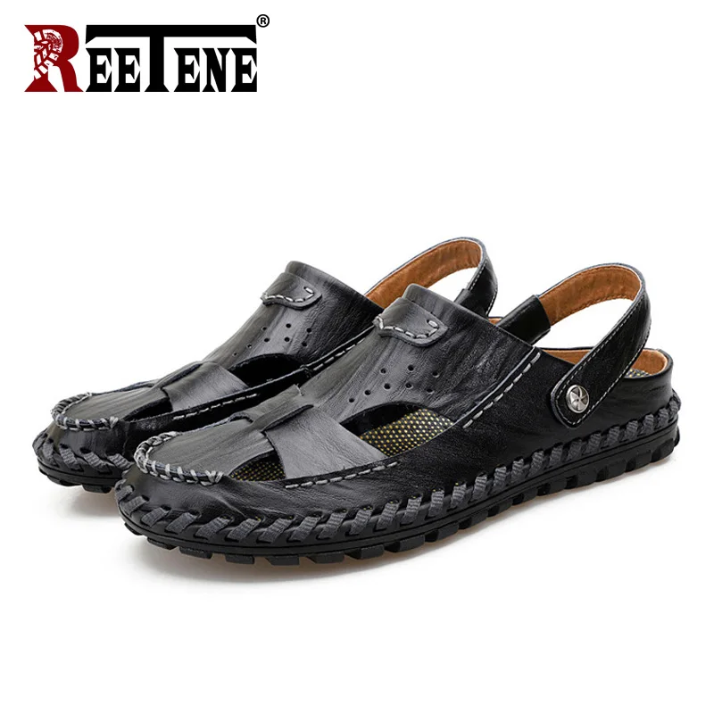 

REETENE Hot Sale Men'S Sandals Genuine Leather Male Comfortable Shoes Fashion Summer Casual Beach Men Flats Shoes For Men