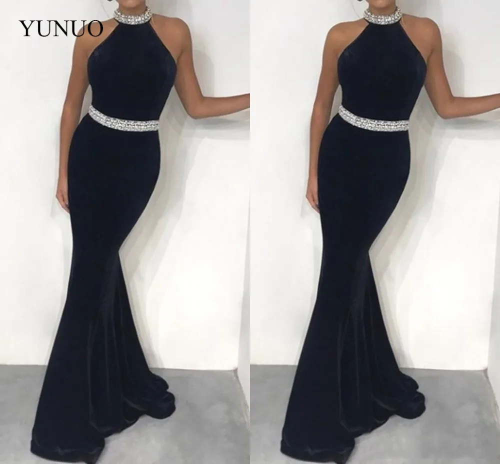 2019 бархатные вечерние платья русалки с высоким воротником украшенное бусинами