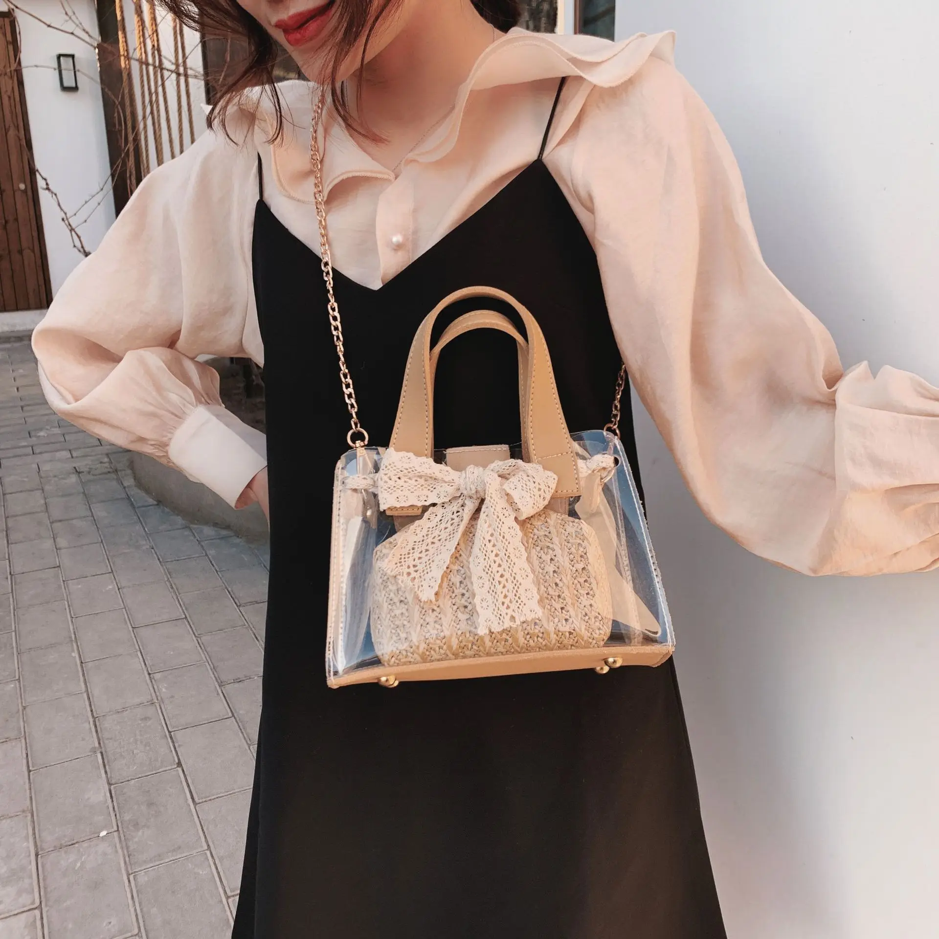 

2019 New Transparent Jelly Bag Handbag Tote Beautiful Lace Bow Bag Female Single Shoulder Fashion National Style Magnetic Buckle