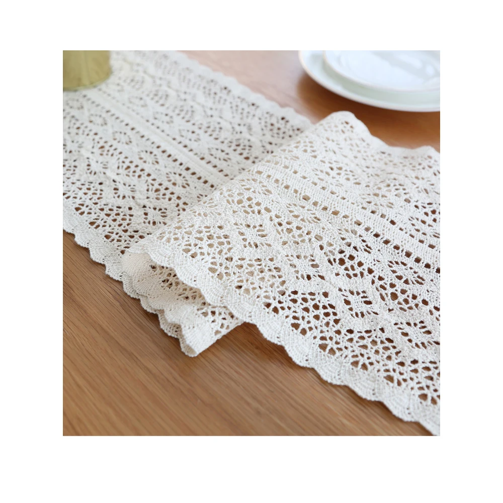 Beige Vintage Floral Lace Table Runner Tasseled Edges Cotton Crocheted Table Cloth Cover Hollow-out Dining Tabletop Decoration