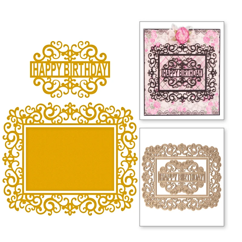 

YaMinSanNiO Happy Birthday Word Metal Cutting Dies Lace Frame Scrapbooking Craft For Making Cards Decorative Embossing Stencil