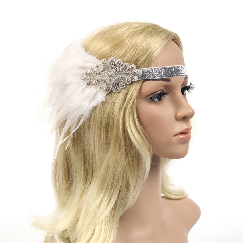 

Speakeasy Stunning Art Deco Vintage Black Coque Silver Rhinestone Beaded Applique Feather Headband Fabulous Flapper Headband