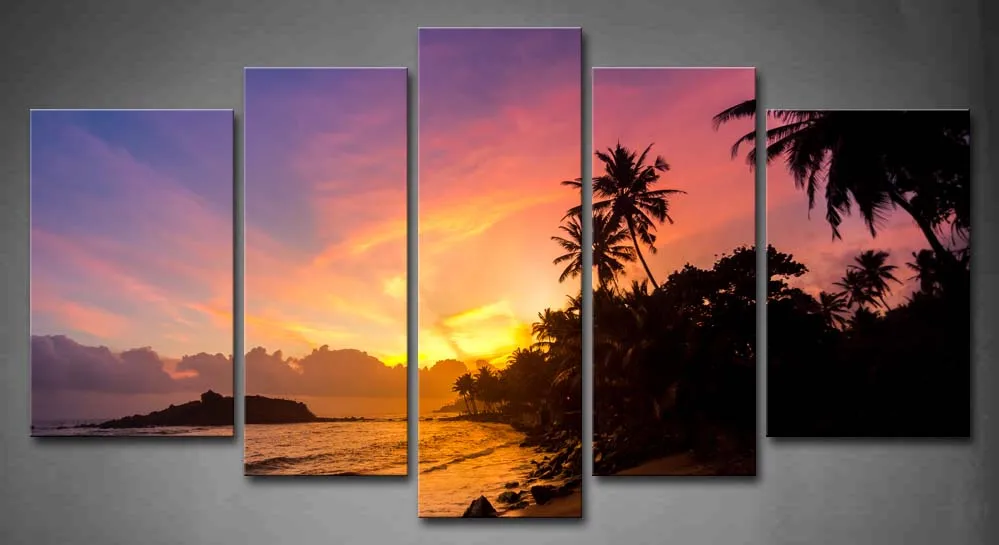 

Framed Wall Art Pictures Palm Trees Sunset Beach Canvas Print Artwork Seascape Poster With Wooden Frame For Living Room