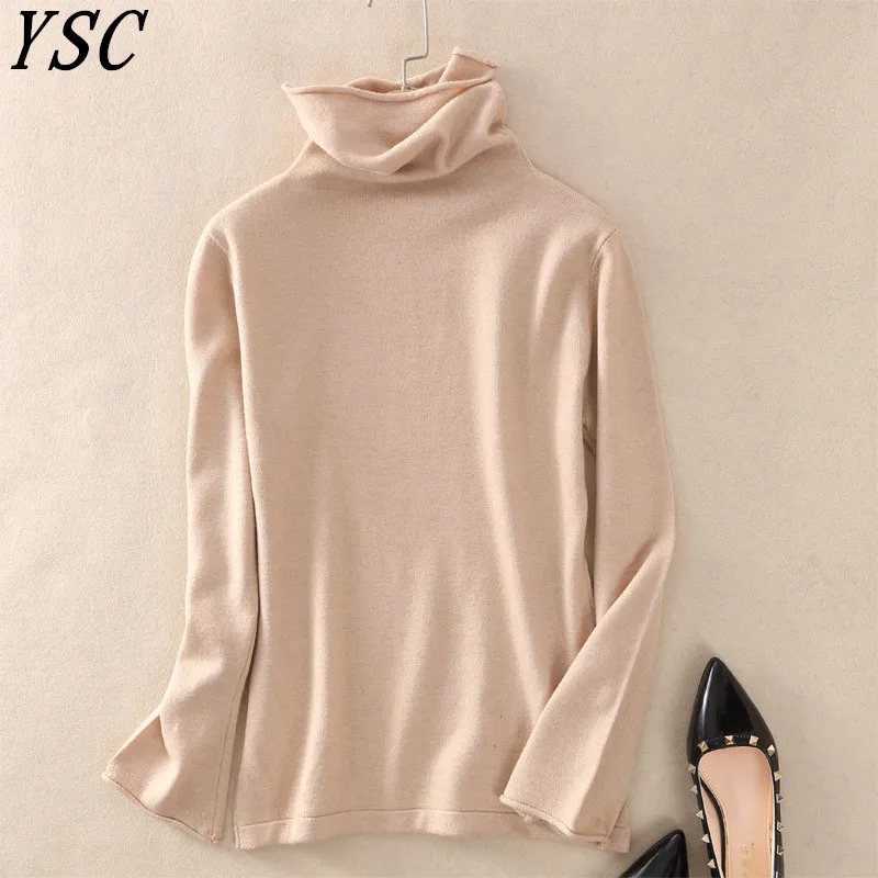

Wholesale price 2019 New style Women's Knitted Cashmere Sweater Heap collar Trumpet sleeve Drawing style Solid color Pullover