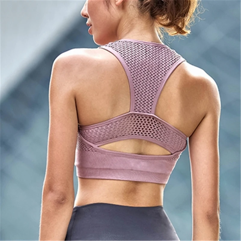 

OLOEY Breathable hole high strength shockproof sports Bra Women Net Yarn Padded Yoga Bra Fitness Tank Top Cropped Gym Clothing
