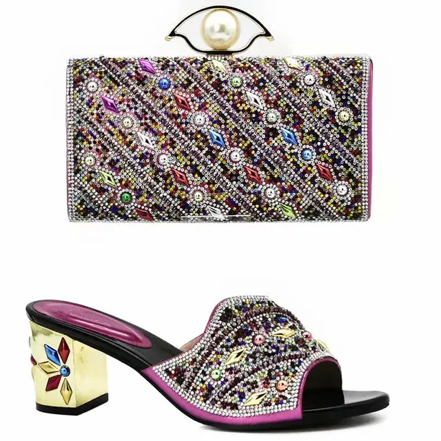 

2018 New Italian fuchsia women Shoe and Bag Set Decorated with Colorful Rhinestone African Women Italian Shoe and Bag for Party