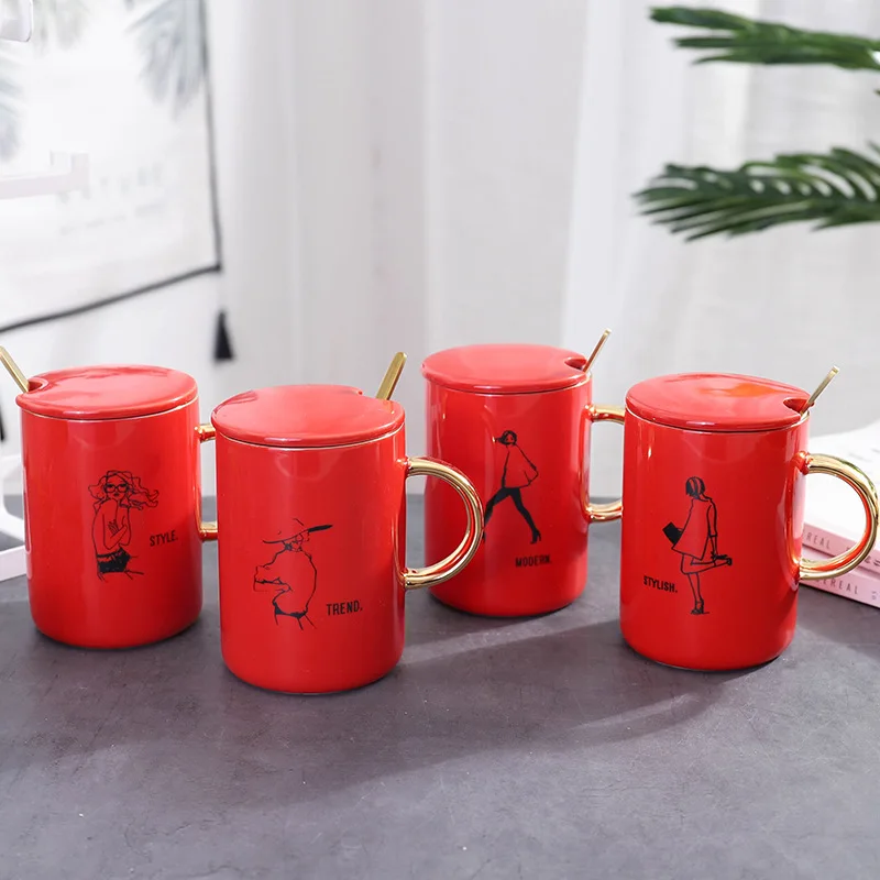

Red beauty patterned ceramic mug with spoon lid,Golden handle coffee mug, gift for favorite female Drinkware tea cup
