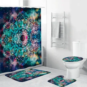 

4PCS Bathroom Carpet And Shower Curtain Non Slip Toilet Polyester Cover Mat Set Bathroom Shower Curtain