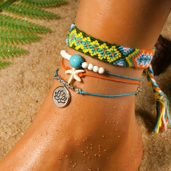 MOON GIRL Handmade Weave Bobo Lotus Anklet Set Fashion Starfish 4 Pieces Bohemian Chic Summer Bracelet ankle for Women Gift