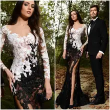 Sexy High Side Split Spitze Durchsichtig Abschlussball-kleider 2016 Bodenlangen Langarm-nixe-langes Schwarz Abendkleid F01071