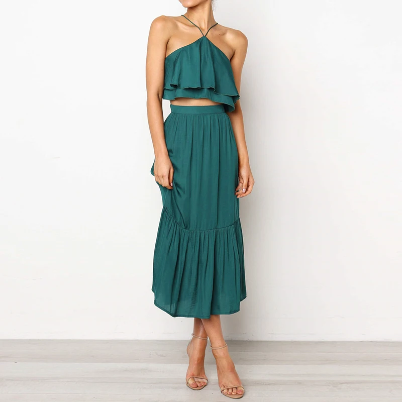 Black Green Halter Neck Crop Tops A-Line Skirt Suit Set Two Piece Set Lady Elegant Skirt Set Sexy Woman Beach Dress Boho Suit