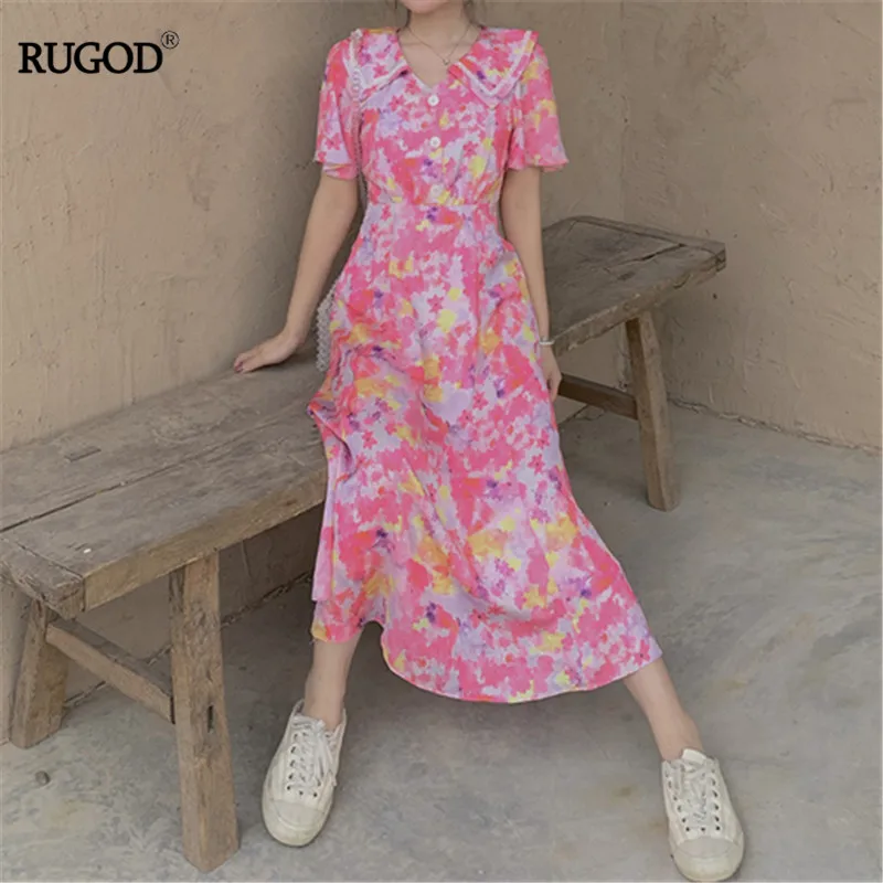 

RUGDO 2019 korea summer female bohemian sailor collar contrast color floral print empire waist dress button veranos