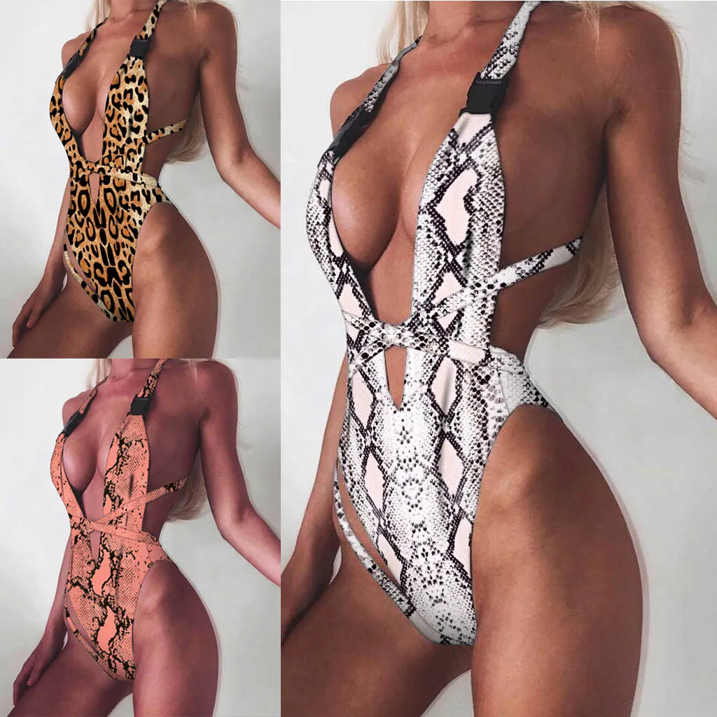 

Ladies One Piece Leopard Bikini Deep V-neck Swimsuit Push Up Pad Swimwear Women 2019 Sexy Buckle Bikini Holiday Beachwear #M