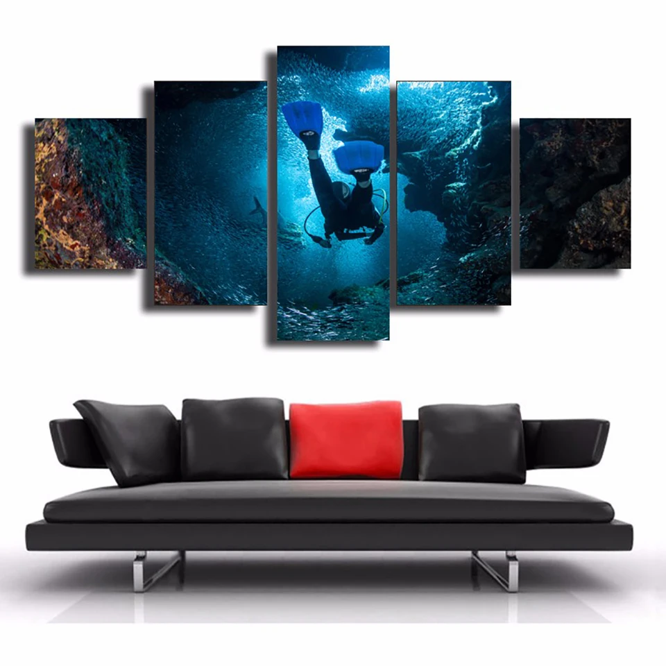 

HD Printed Painting Home Decor Poster Framework 5 Panel Diver Bottom Of The Sea Landscape Modern Wall Art Pictures Living Room