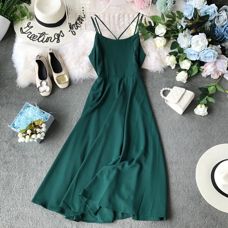 

Long Dress Summer Holiday Cross Back Maldives Solid Color Runway Dress Thailand Seaside Big Swing Fairy Maxi Dress for Women