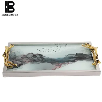 

Creative Ink Painting Pattern Glass Stainless Steel Display Dish New Chinese Tea Tray Tabletop Decoration Cosmetic Storage Plate