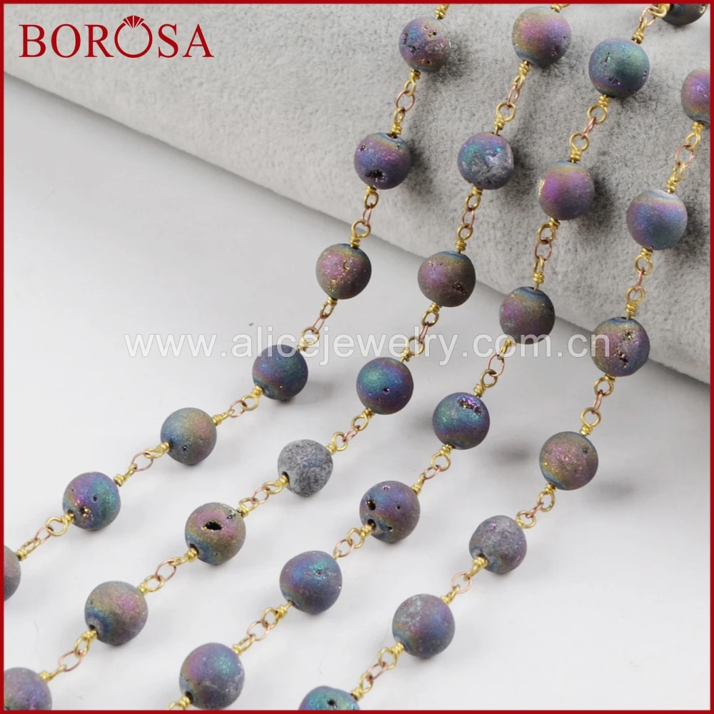BOROSA New Arrival 8mm Round Rainbow Agates Titanium Druzy Beaded Chains Brass Chain for Necklace Drusy Jewelry Making JT202 | Украшения и