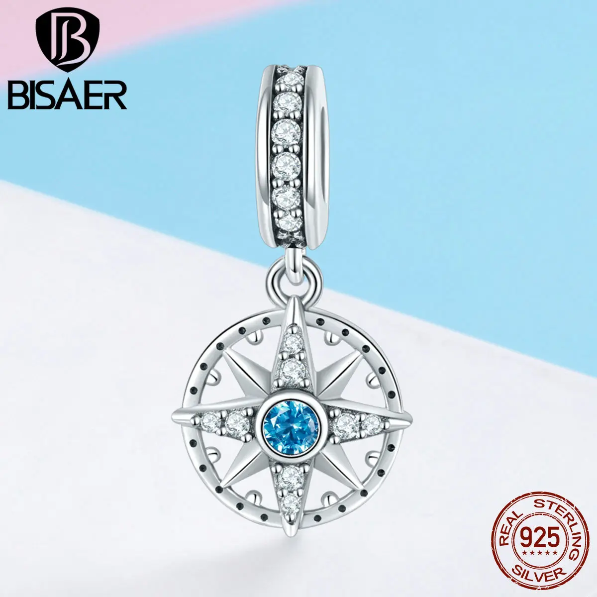 

925 Sterling Silver Sea Travel Compass Sparkling CZ Charms Beads fit Charm Bracelet for Women Authentic Silver Jewelry ECC847