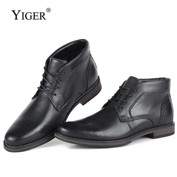 YIGER New Men Martins boots Genuine Leather Winter with fur Big size men Ankle boots male casual lace-up High-top shoes 0250