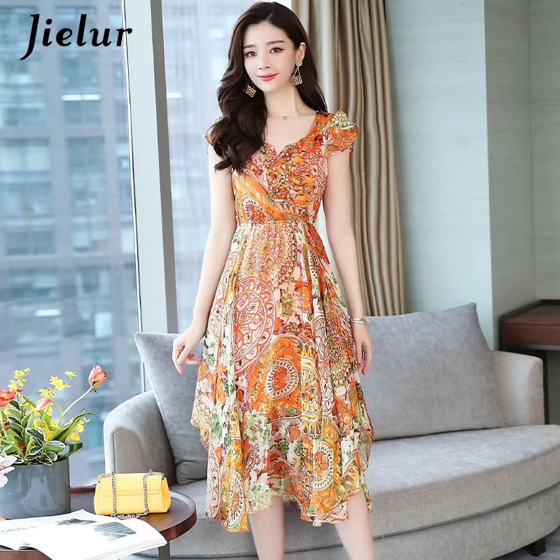 Jielur, женское платье, шифон, модное, корейский стиль, короткий рукав, платья, желтый, цветочный принт, размера плюс, Vestidos, v-образный вырез, летнее платье