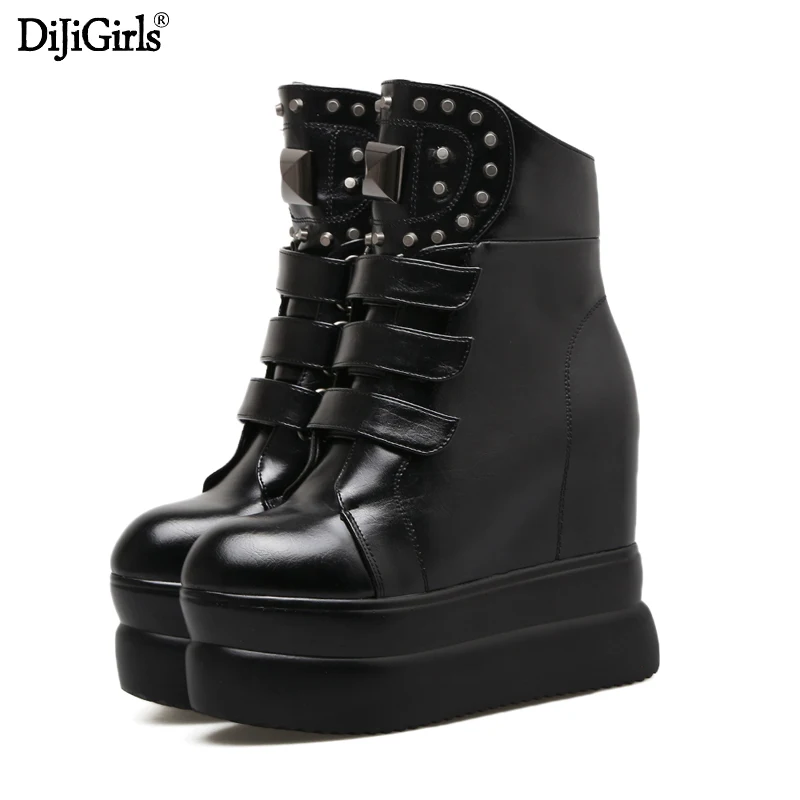 

HAIYUELI Women's boots rivet side zipper platform wedge high heels winter women Punk motorcycle gothic shoes calf High boots