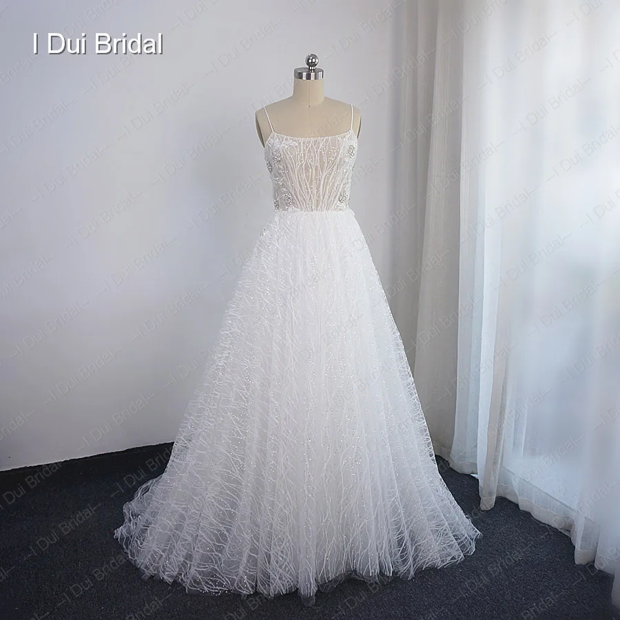 Блестящий тюль свадебное платье Спагетти ремень Кристалл бисером суд Поезд свадебное платье стиль